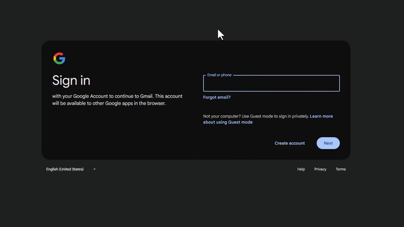 Page de connexion Google avec le lien Mot de passe oublié