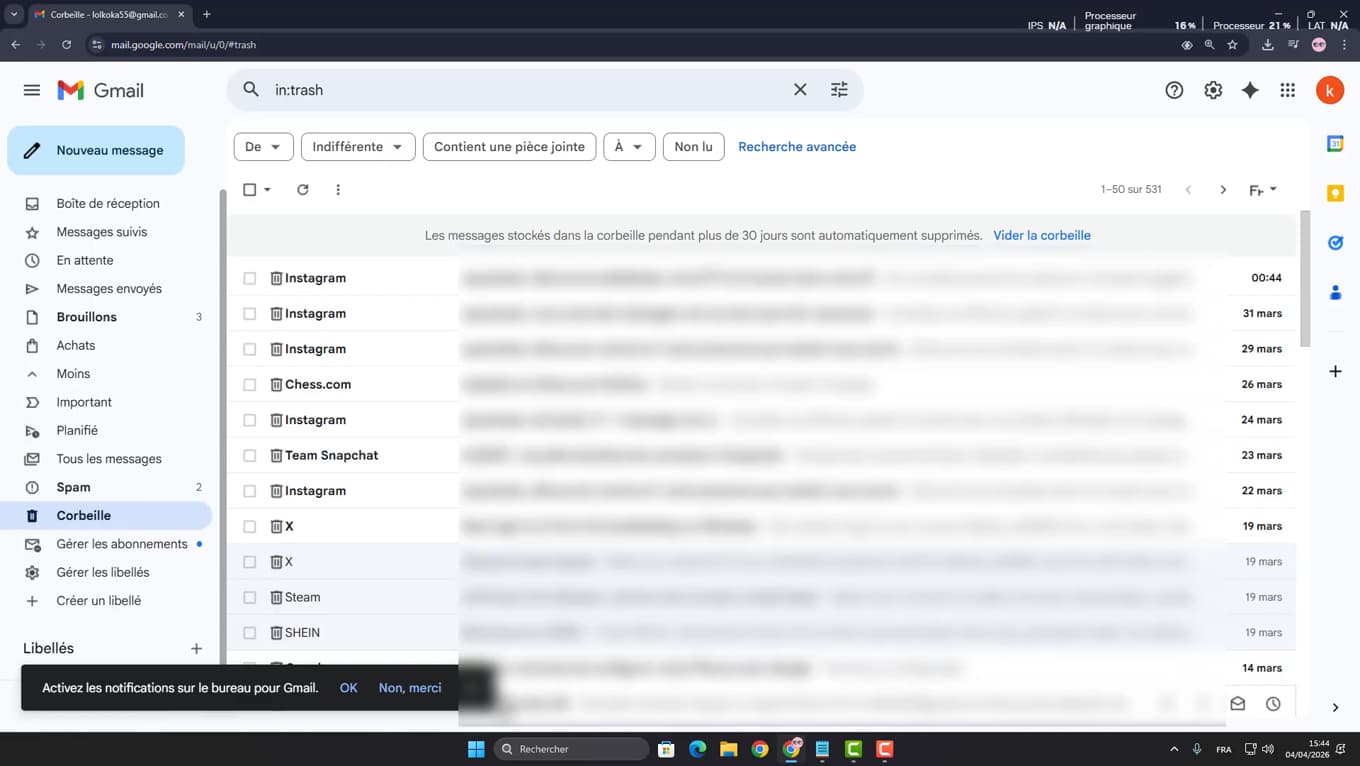 Corbeille Gmail avec un e-mail sélectionné à restaurer