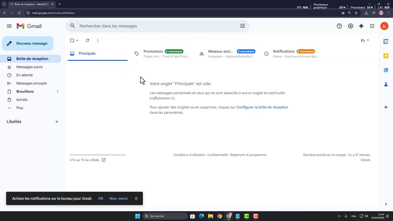 Boîte de réception Gmail ouverte dans un navigateur