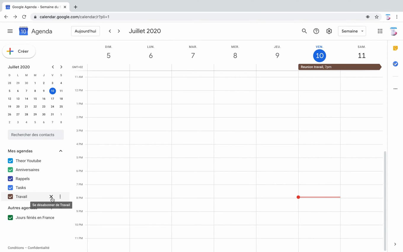 Menu of a calendar in Google Calendar