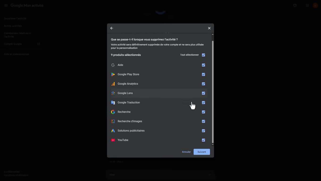 Confirmation de suppression de l'activité Google