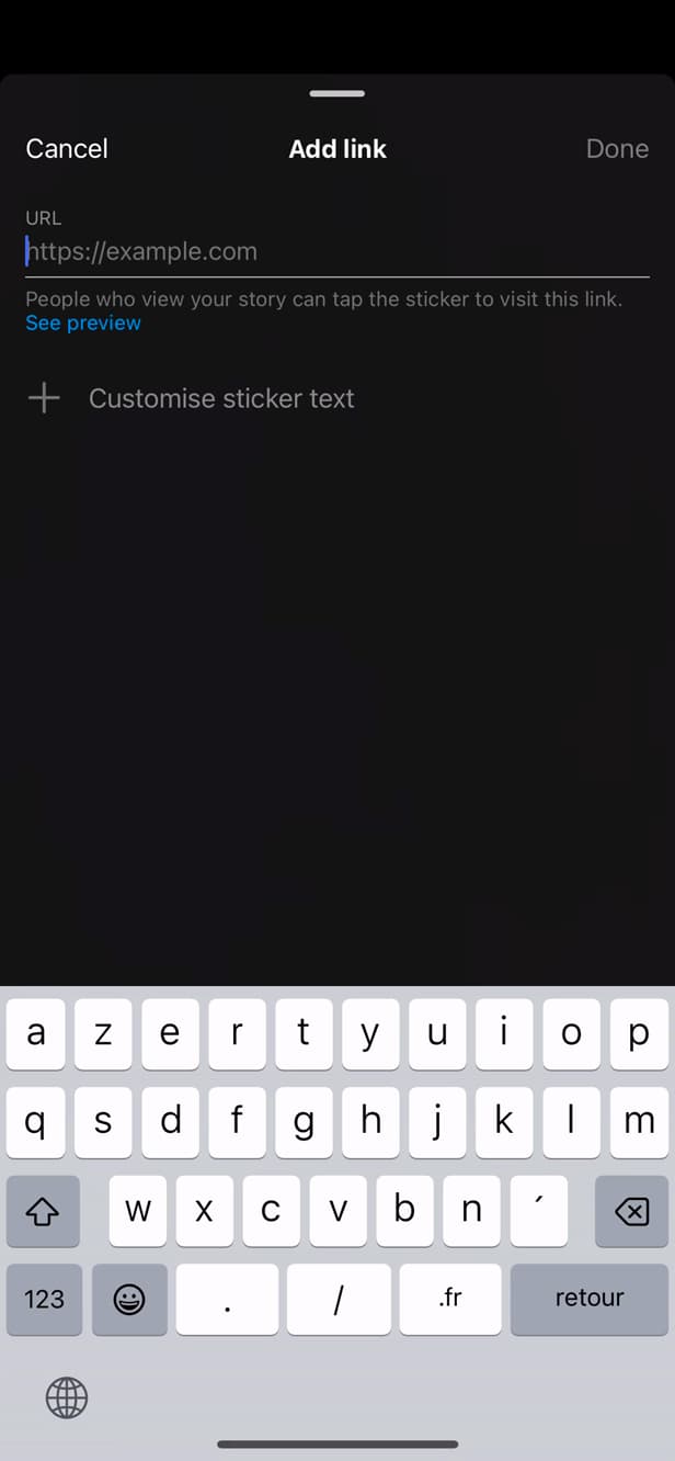 Entering the URL for the Link sticker on Instagram