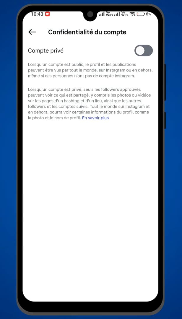 Écran Confidentialité du compte Instagram avec l'option Compte privé