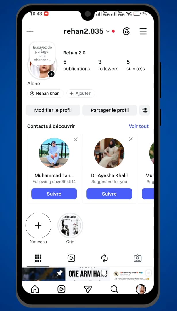 Profil Instagram ouvert avec les abonnés et abonnements