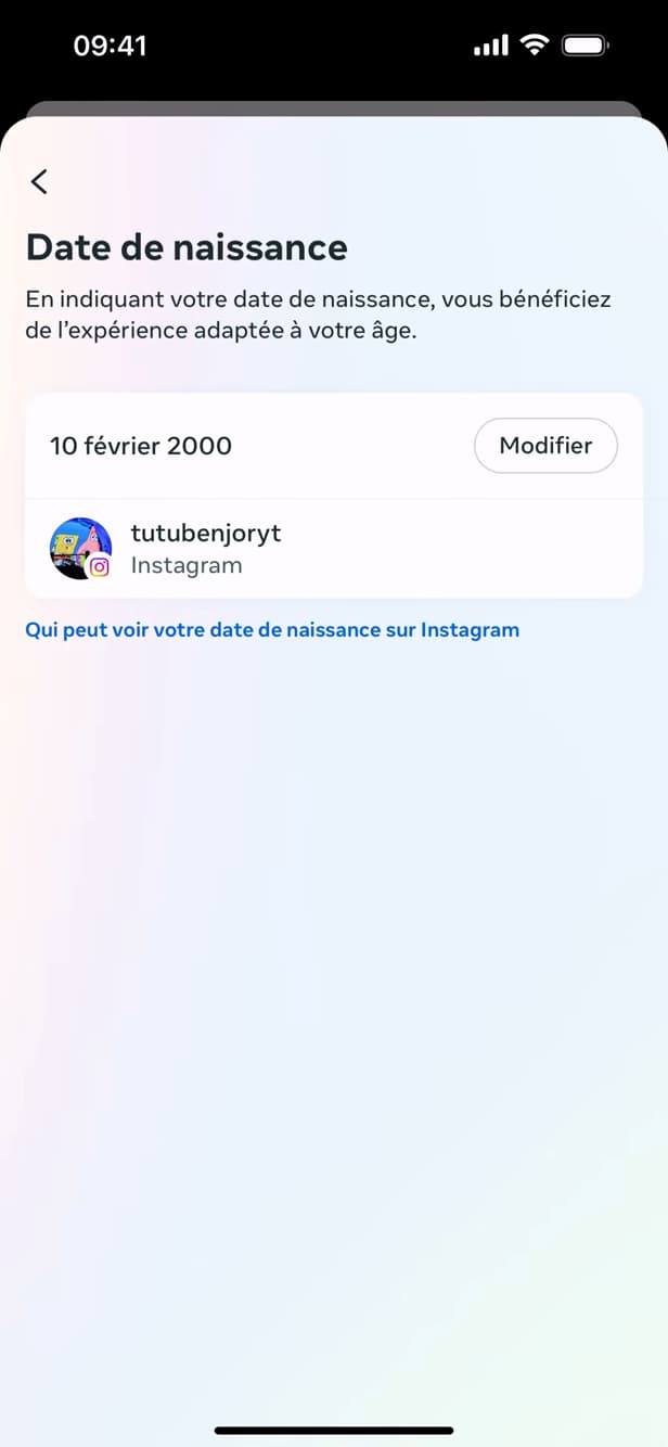 Écran Date de naissance sur Instagram