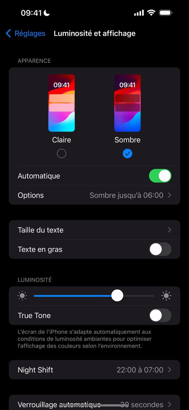 Choosing the Dark appearance on iPhone