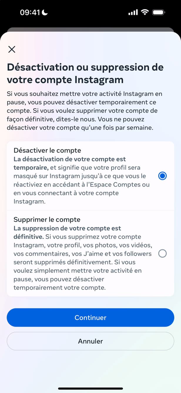 Temporary deactivation screen for an Instagram account