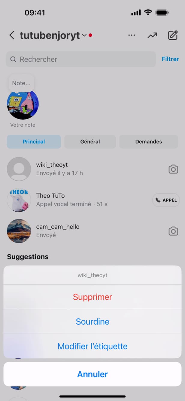 Context menu on an Instagram chat