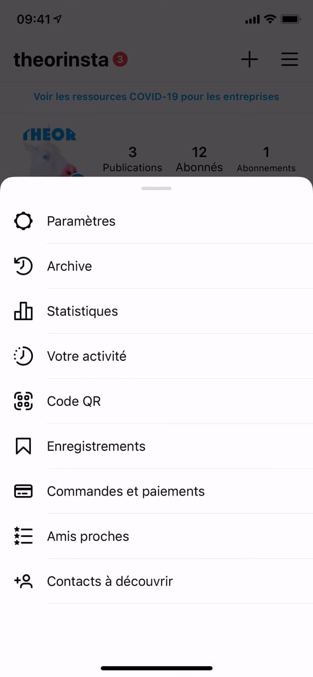Instagram profile menu showing Settings