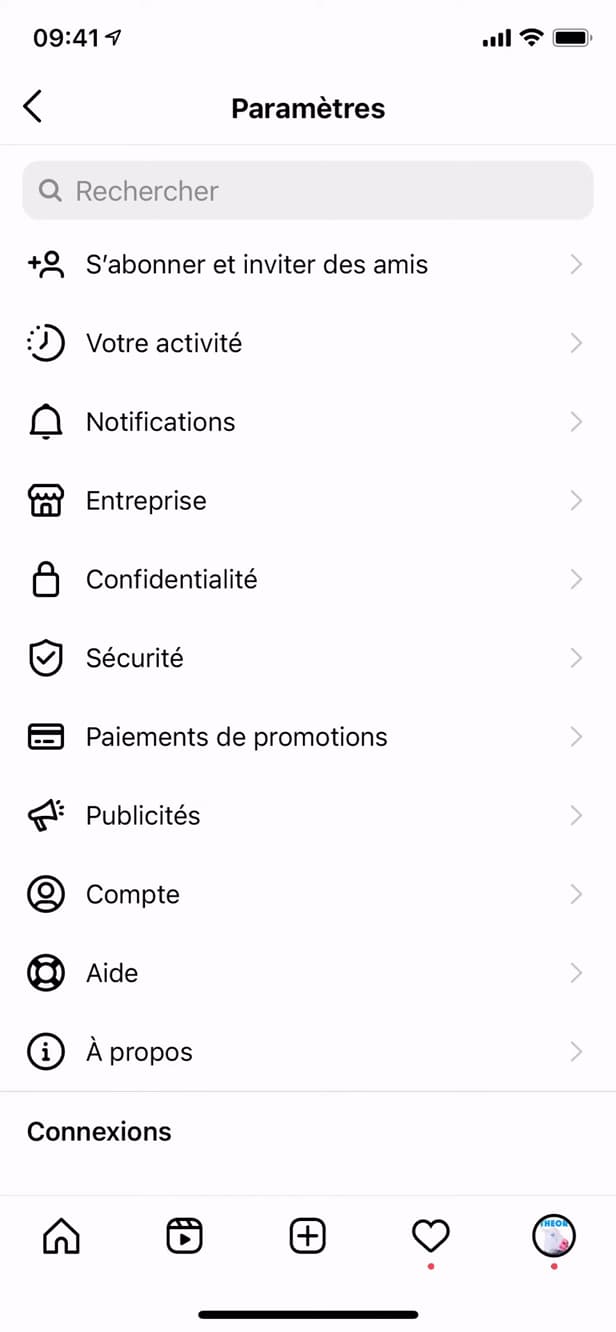 Instagram account settings screen