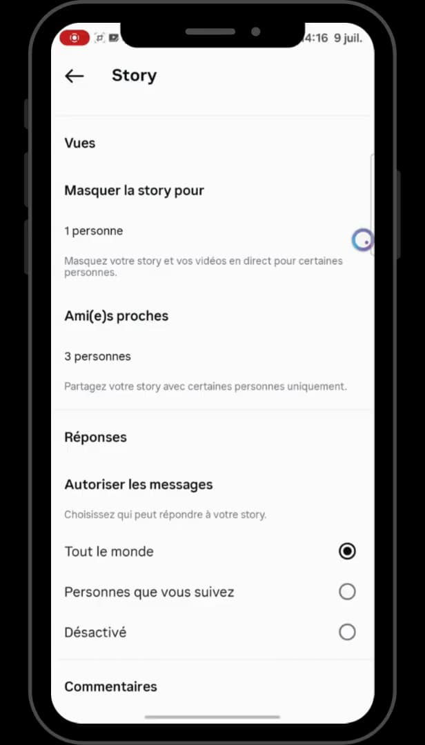 Paramètres de la story Instagram avec la section Ami(e)s proches