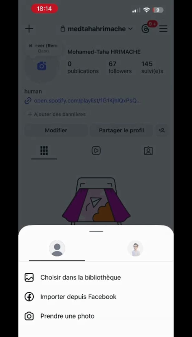 Menu de choix de la source de la photo de profil Instagram