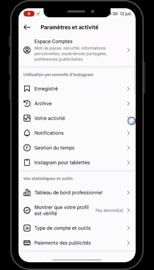 Your activity menu on Instagram