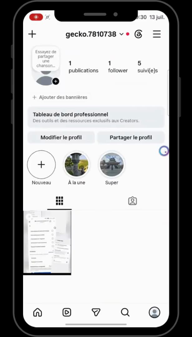 Profil Instagram avec le menu