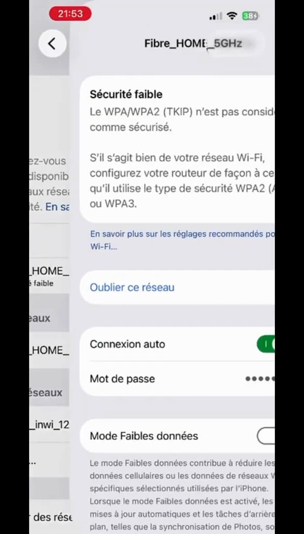 Réglages Wi-Fi de l'iPhone avec le réseau connecté