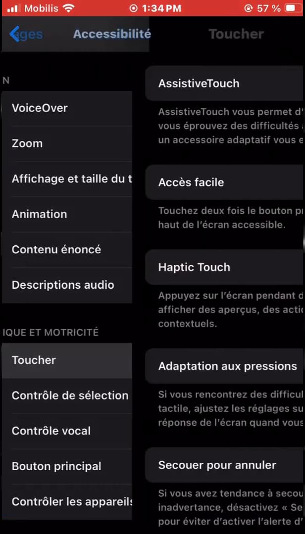 Réglages Accessibilité Toucher de l'iPhone avec AssistiveTouch
