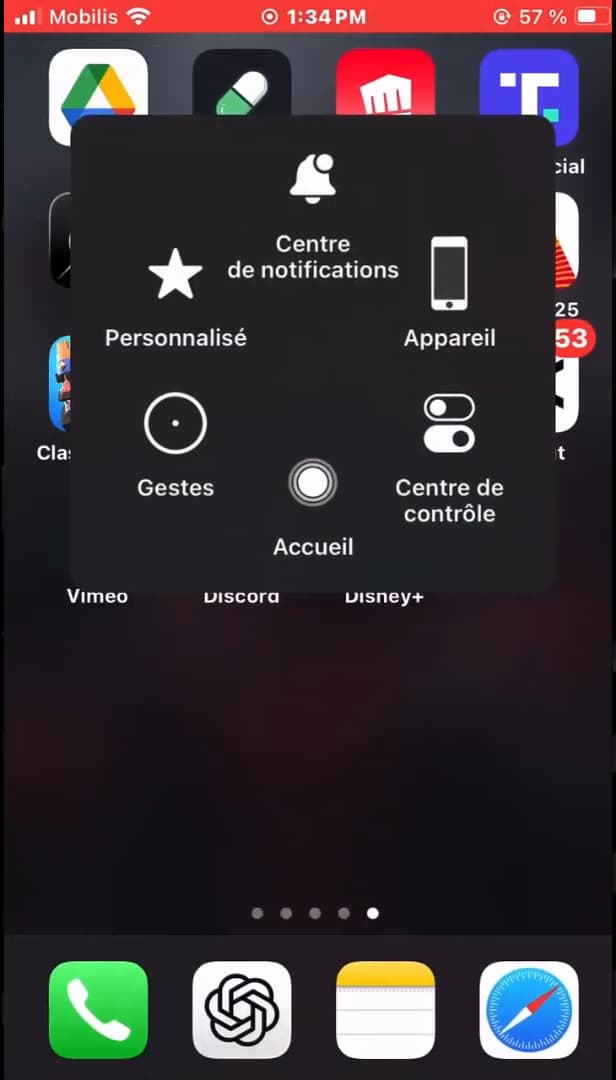 Menu AssistiveTouch avec l'accès aux gestes personnalisés