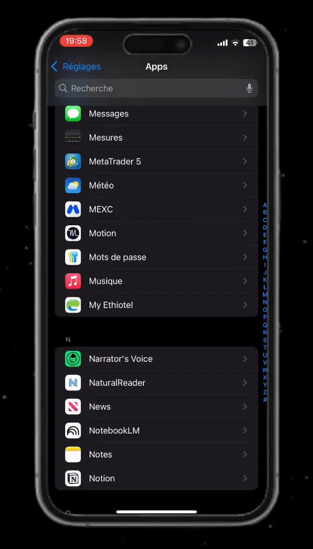 List of apps in iPhone Settings
