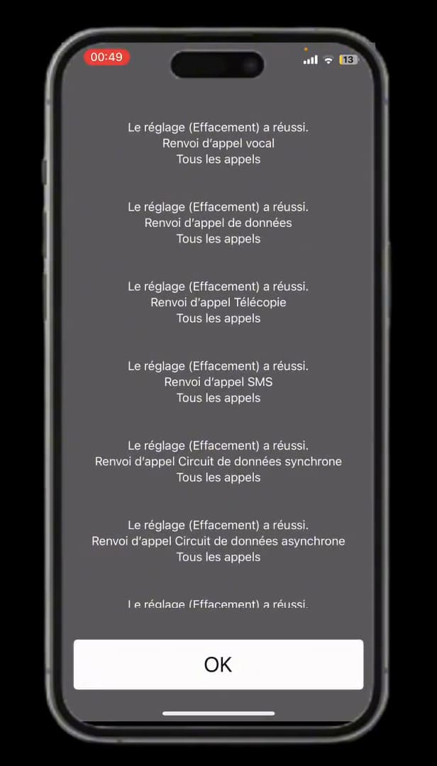 Message confirmant l'effacement du renvoi d'appel sur iPhone