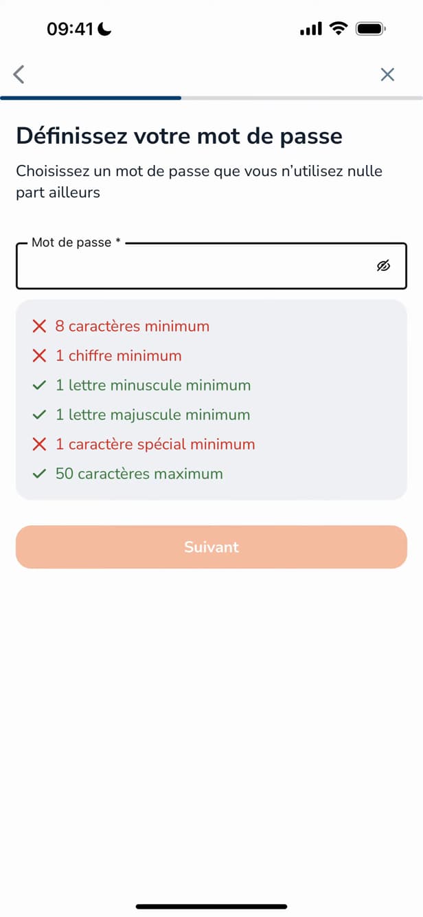 Leboncoin password setup screen with the security criteria