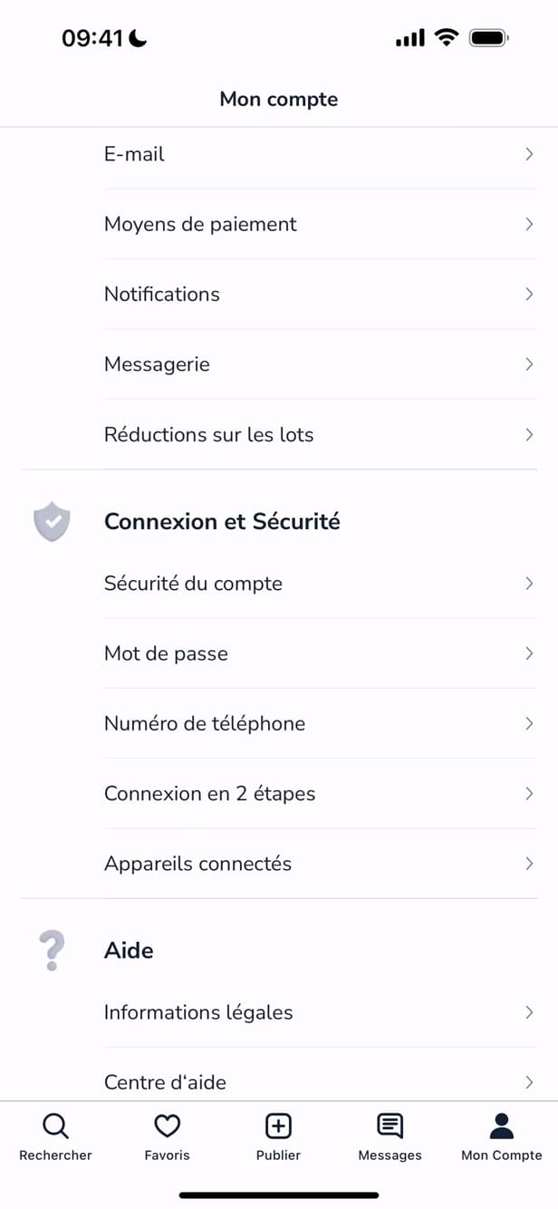 Section Connexion et Sécurité de Leboncoin