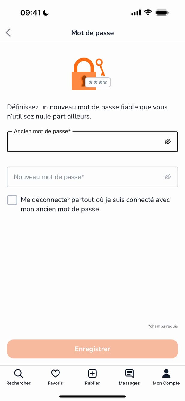 Écran de modification du mot de passe Leboncoin