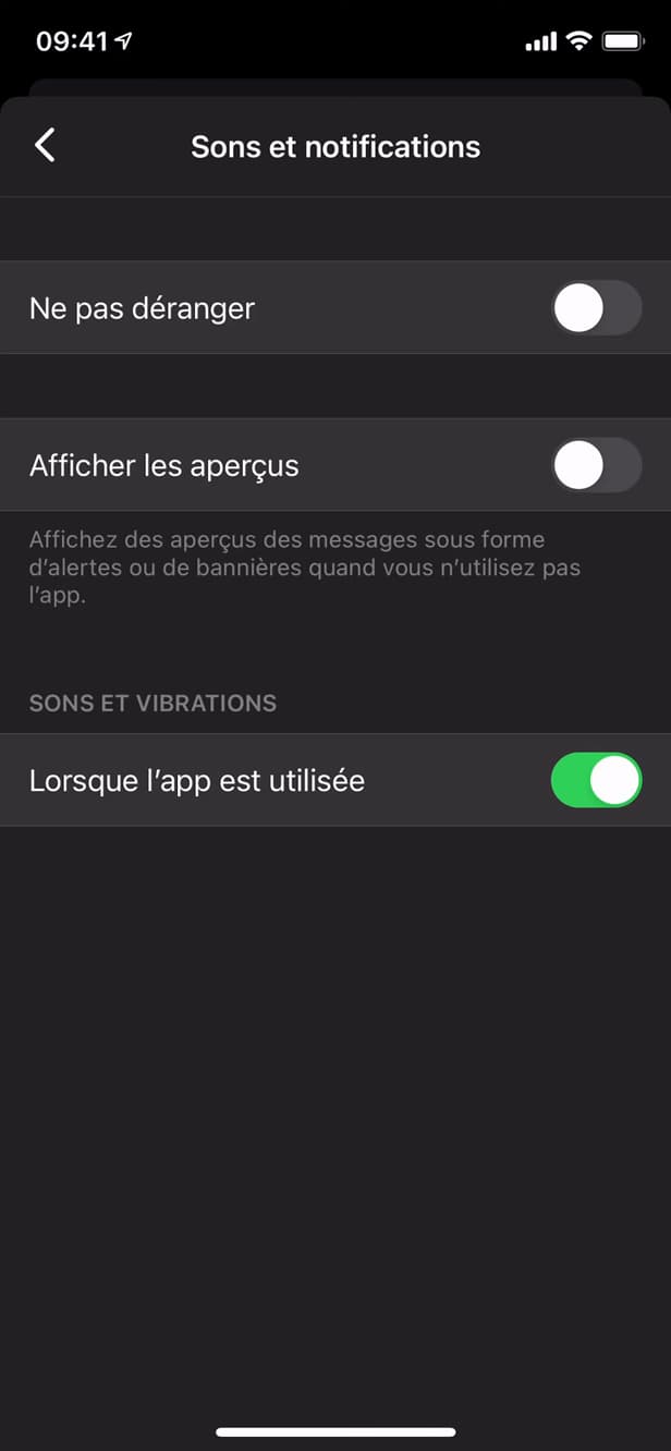 Réglages Sons et notifications de Messenger