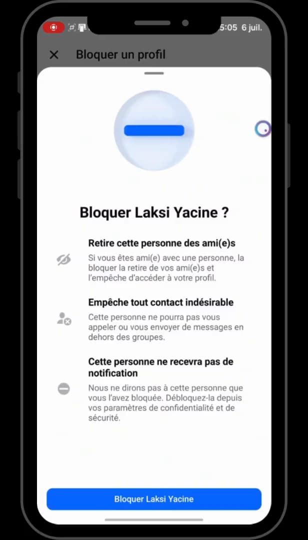 Confirmation de blocage sur Messenger indiquant l'absence de notification