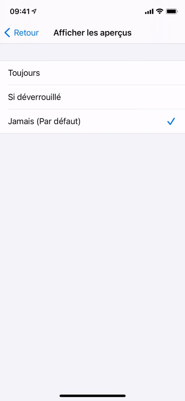 Option Jamais pour les aperçus Messenger
