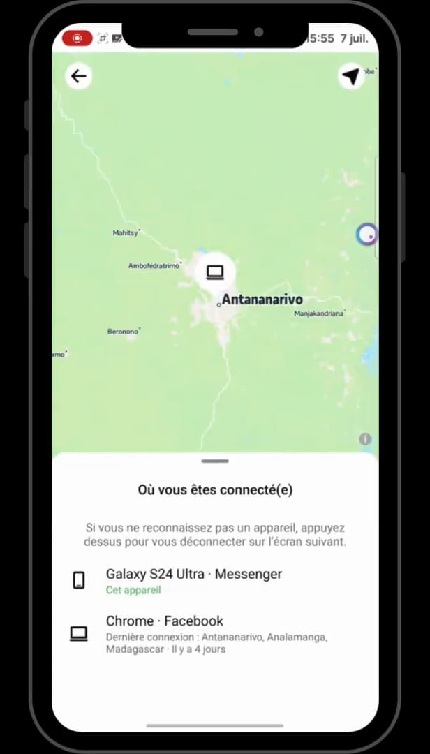 Liste des appareils connectés au compte Messenger