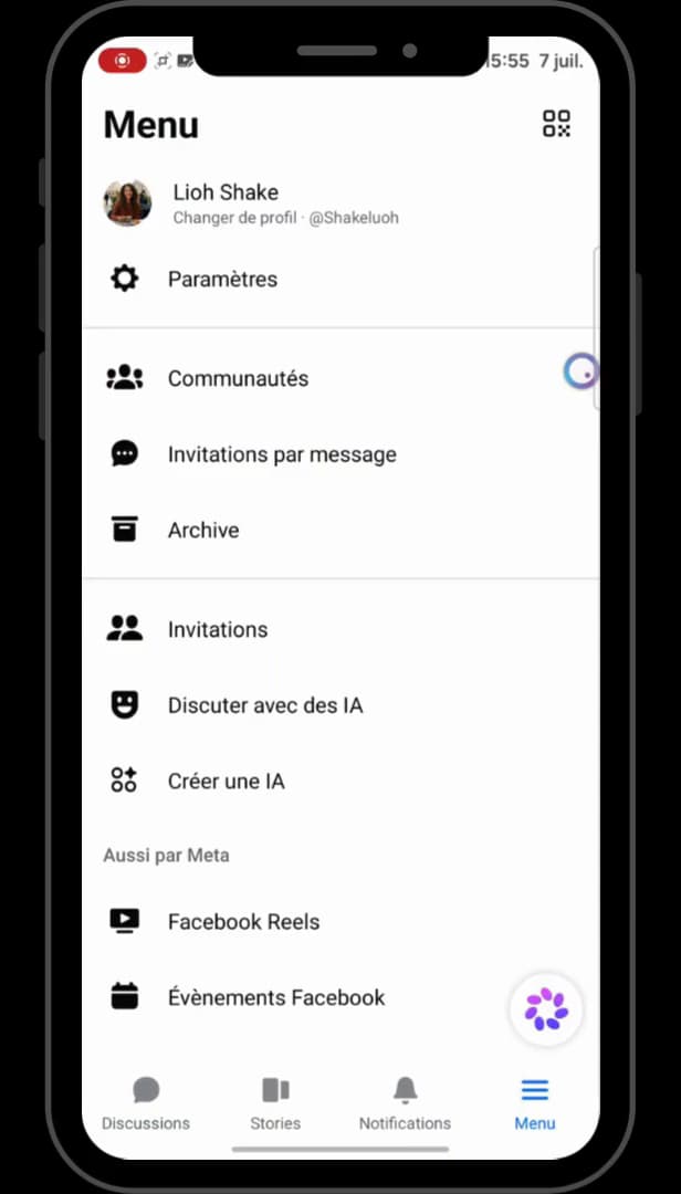 Menu de Messenger avec l'accès aux Paramètres