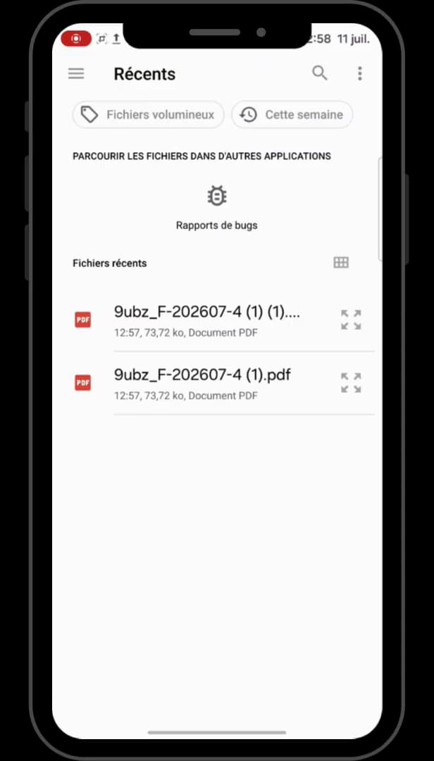 Sélection d'un fichier à envoyer sur Messenger
