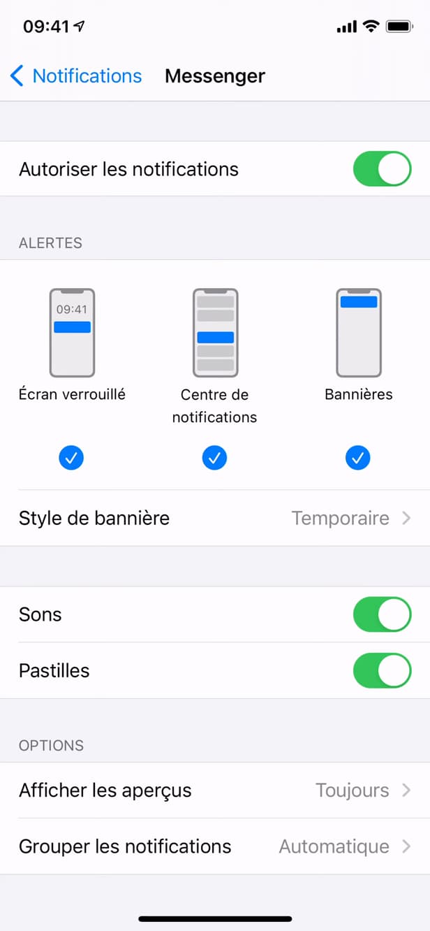 Messenger notification settings screen
