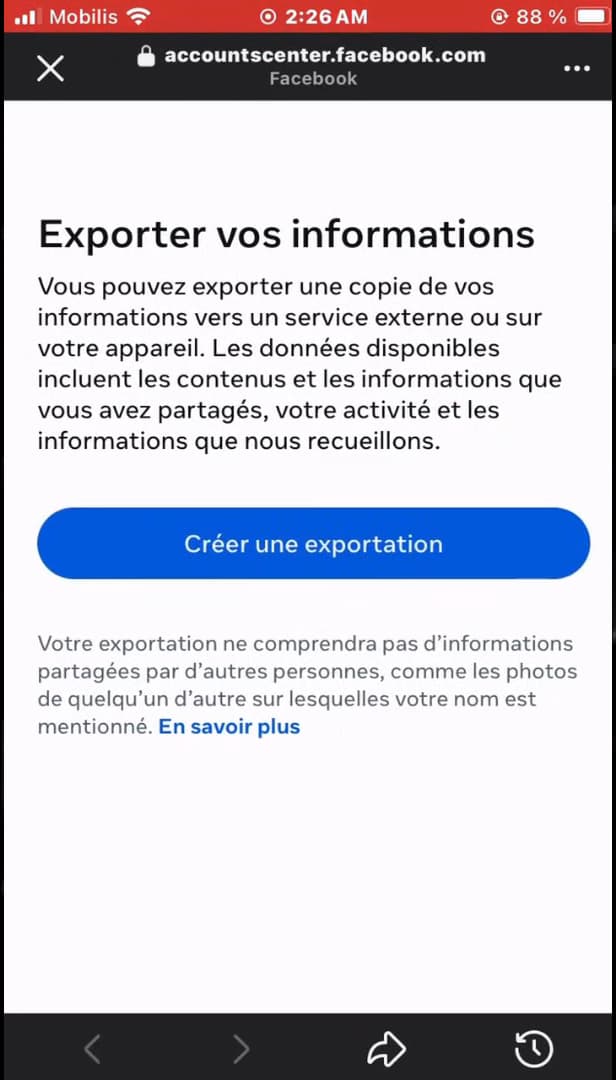 Download your information page with the blue Create export button