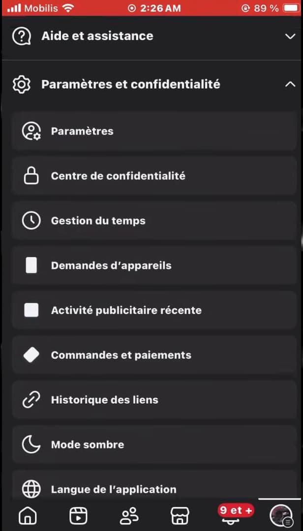Settings and privacy section expanded with the Settings option