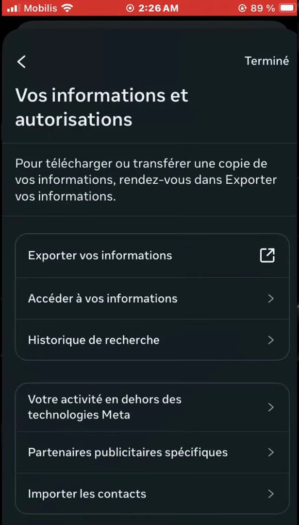 Meta Accounts Center screen with the Your information and permissions entry