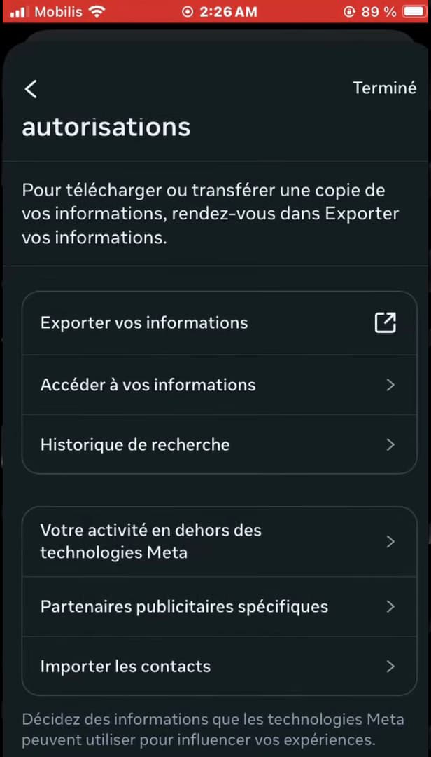 Liste des autorisations du compte avec l'option Exporter vos informations en surbrillance