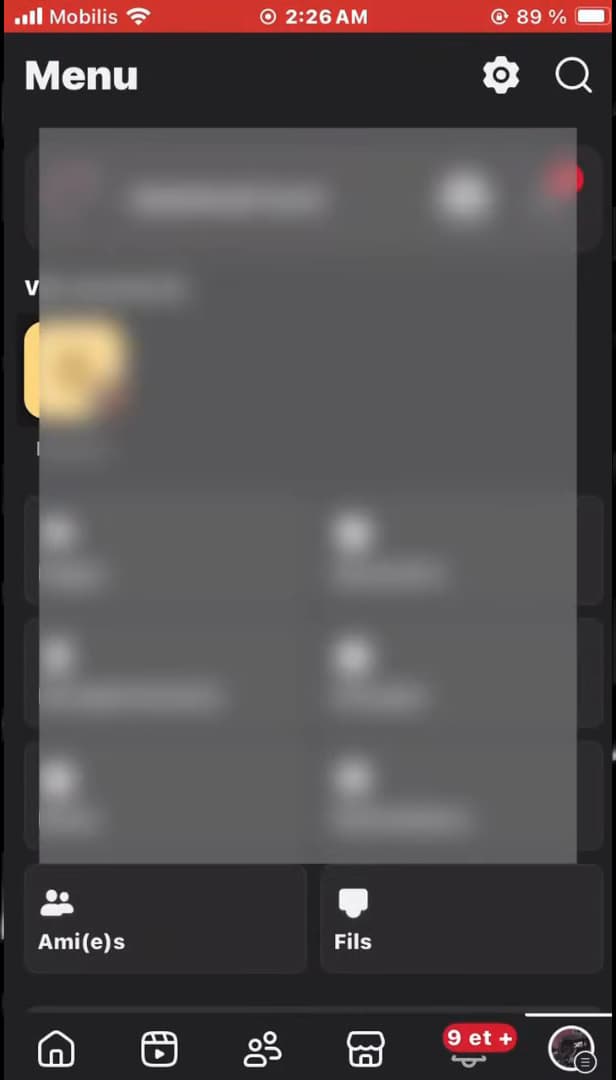 Menu principal de l'application Facebook affichant les raccourcis du compte