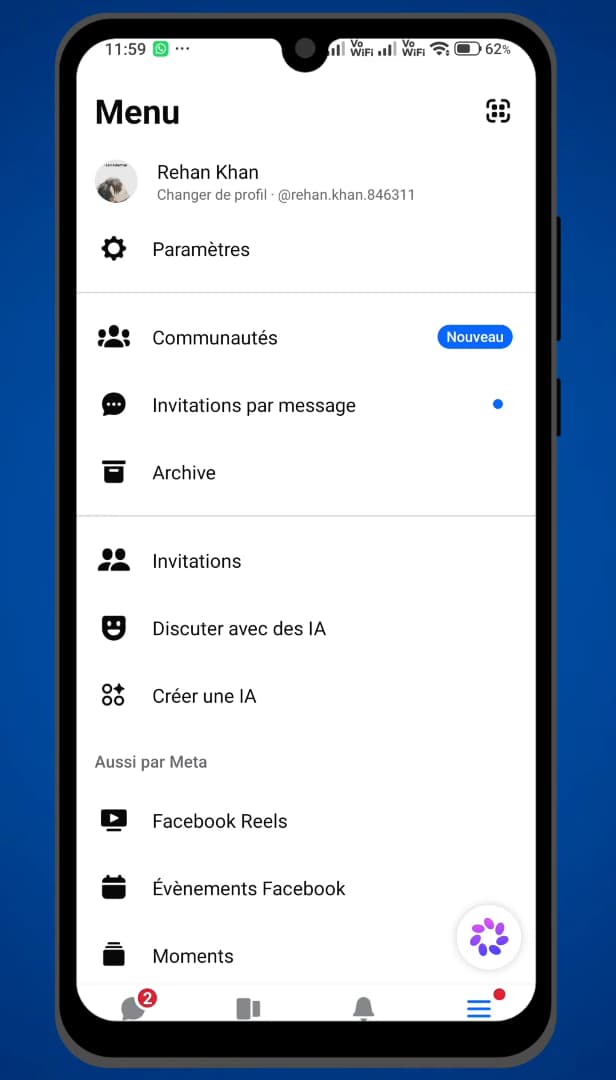 Menu Messenger avec l'accès aux Paramètres