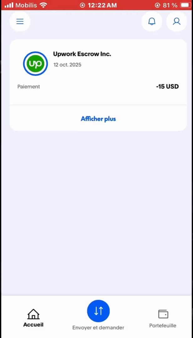 PayPal home screen showing the account balance