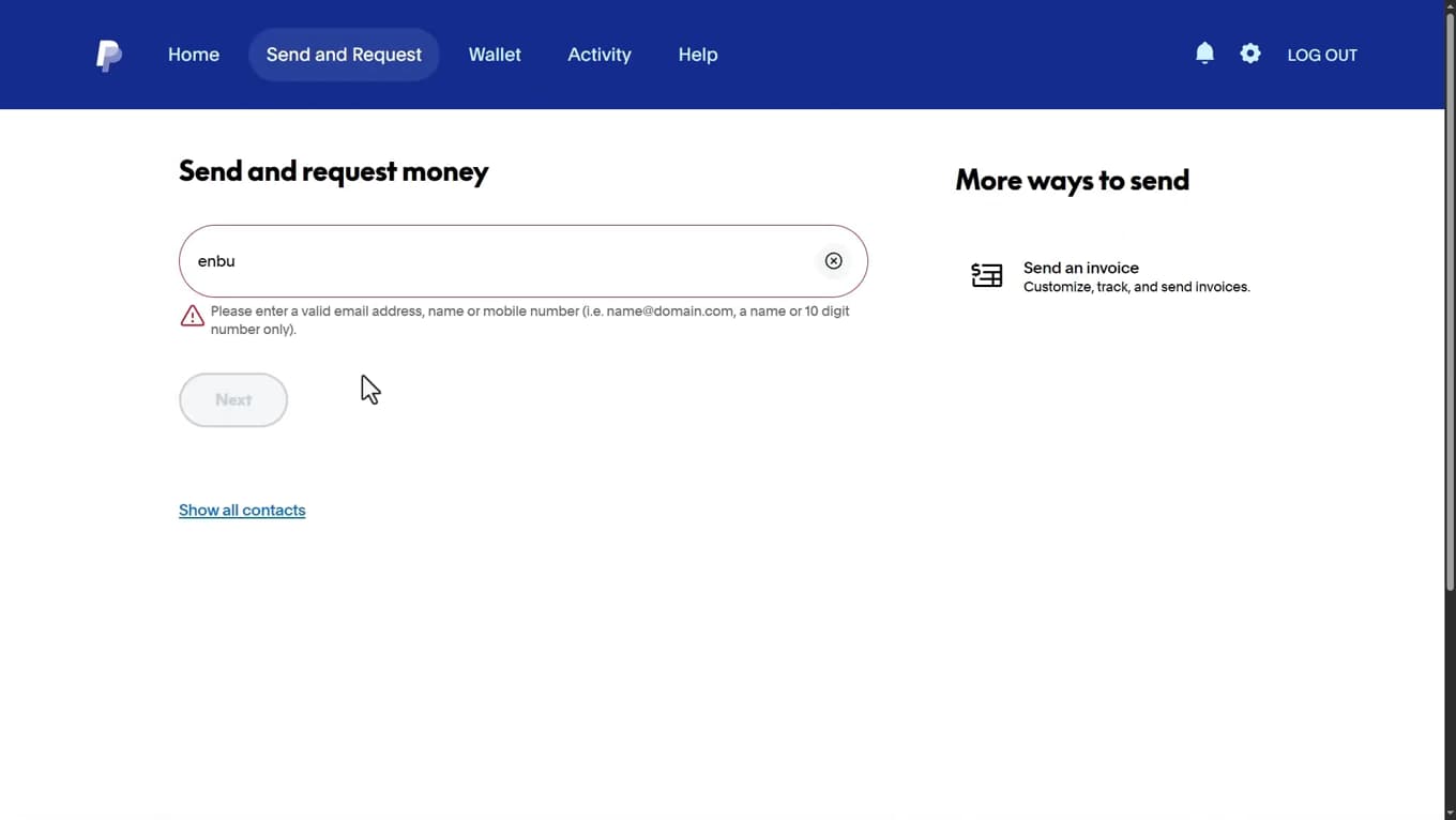 Page PayPal Envoyer et demander de l'argent avec le champ destinataire