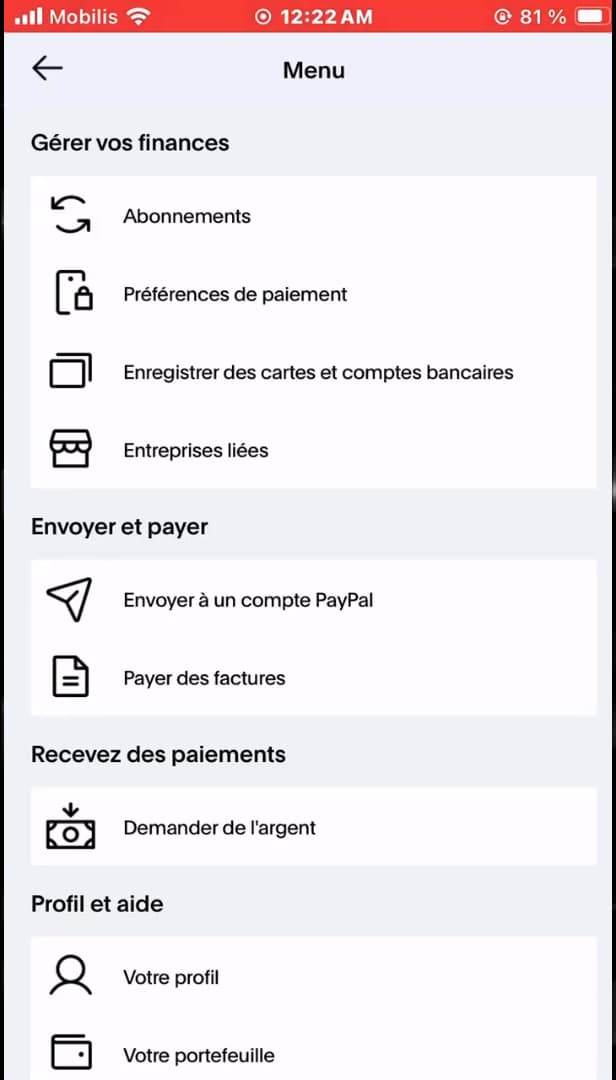 Menu PayPal pour gérer ses finances et son solde