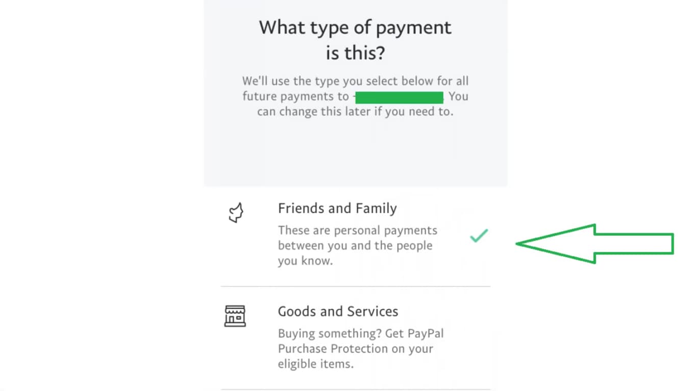 Choosing the PayPal payment type, with Friends and Family selected