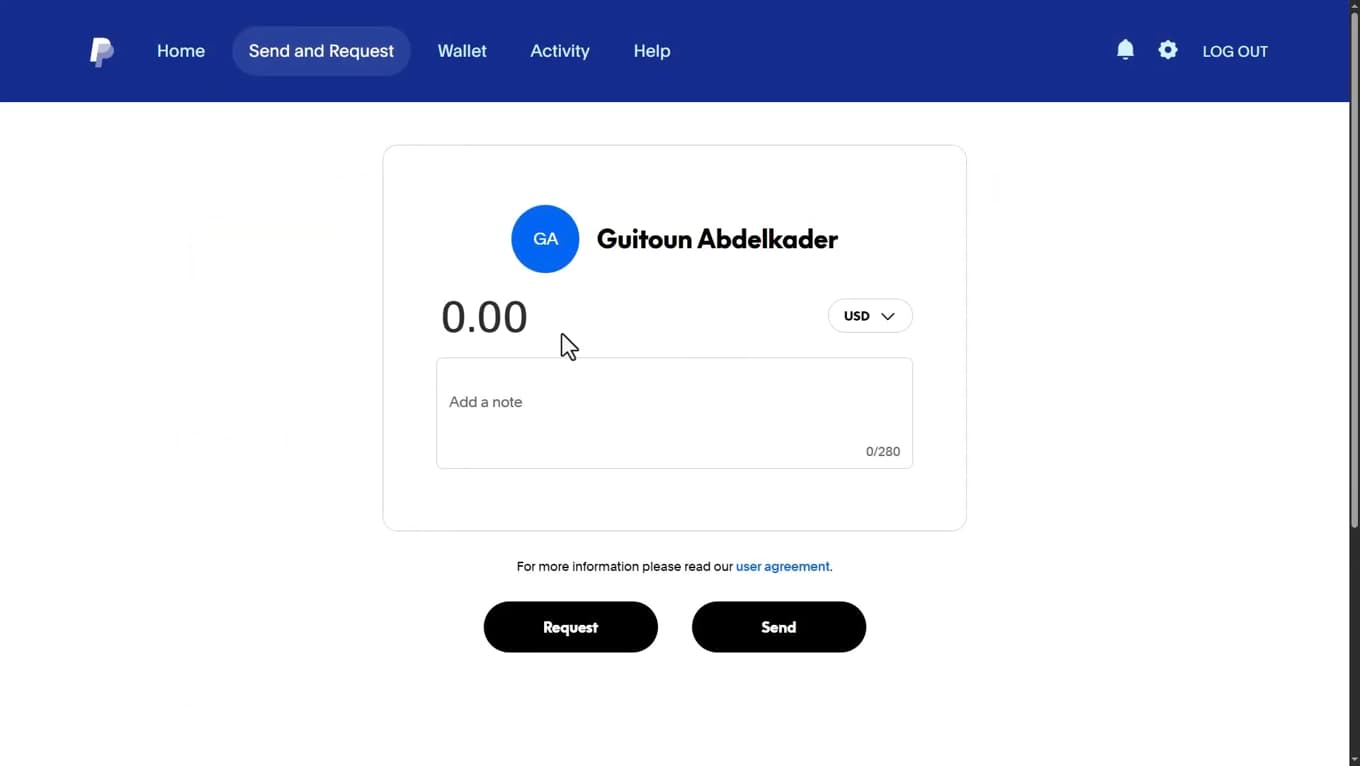 PayPal screen for entering the amount to send