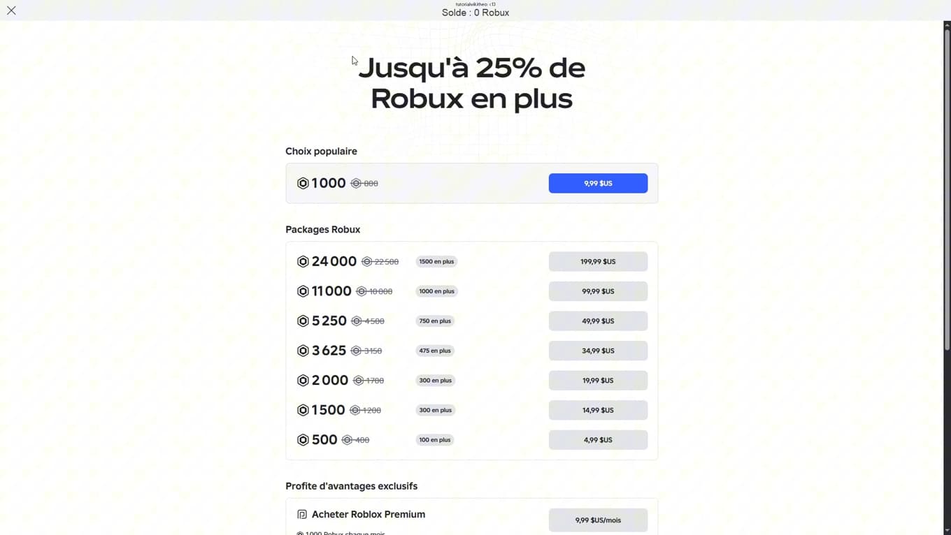 Liste des packages de Robux avec leurs prix