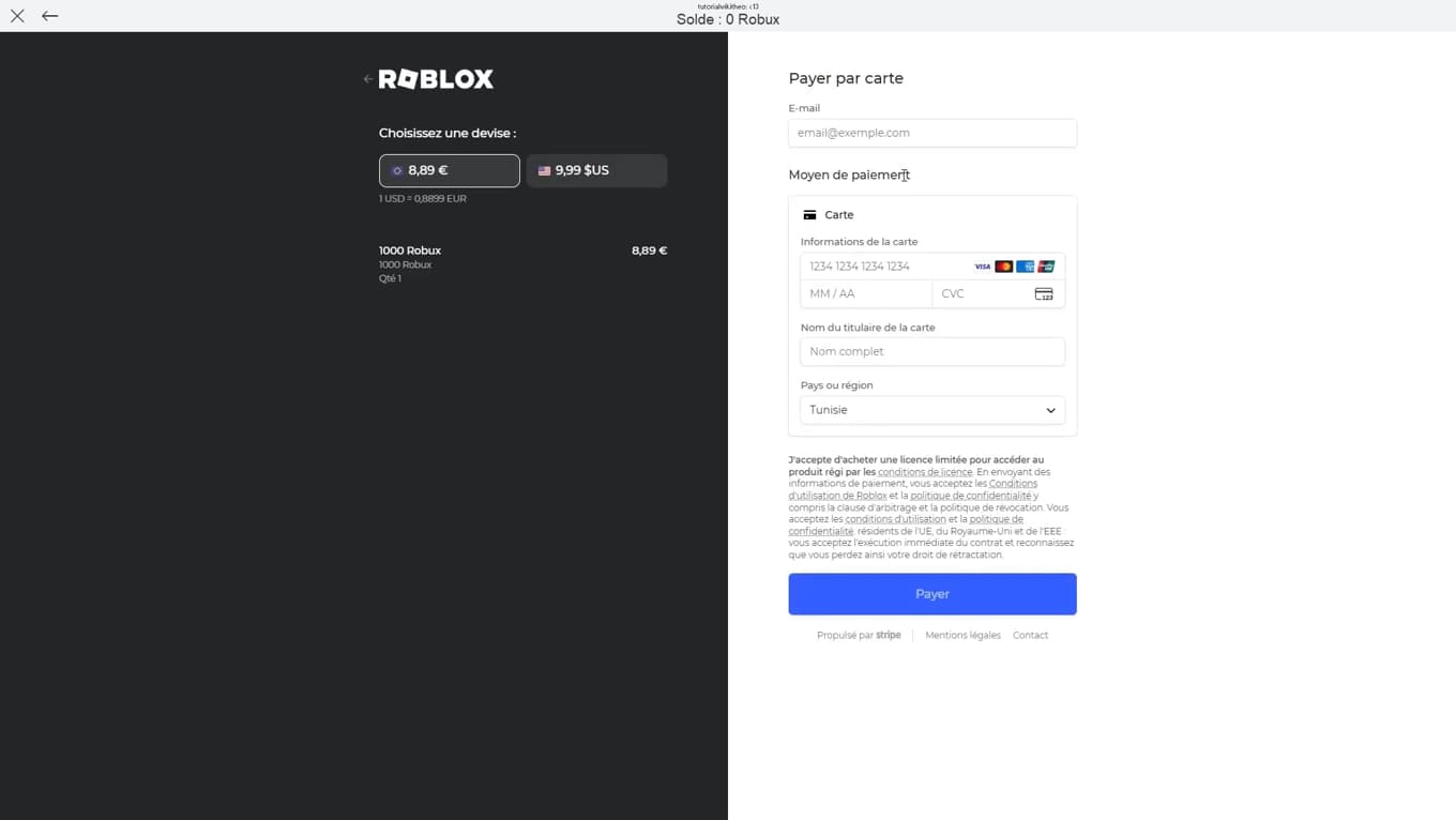 Formulaire de paiement par carte sur Roblox