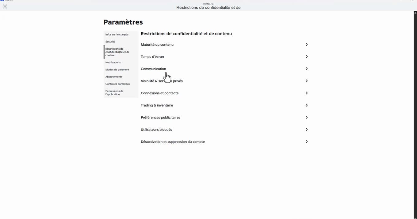 Liste des restrictions de confidentialité et de contenu de Roblox