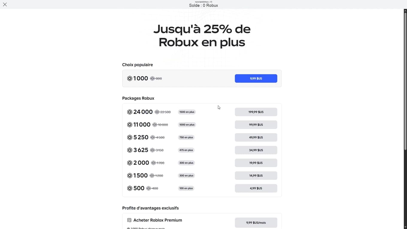 Official Roblox Robux store showing the available offers