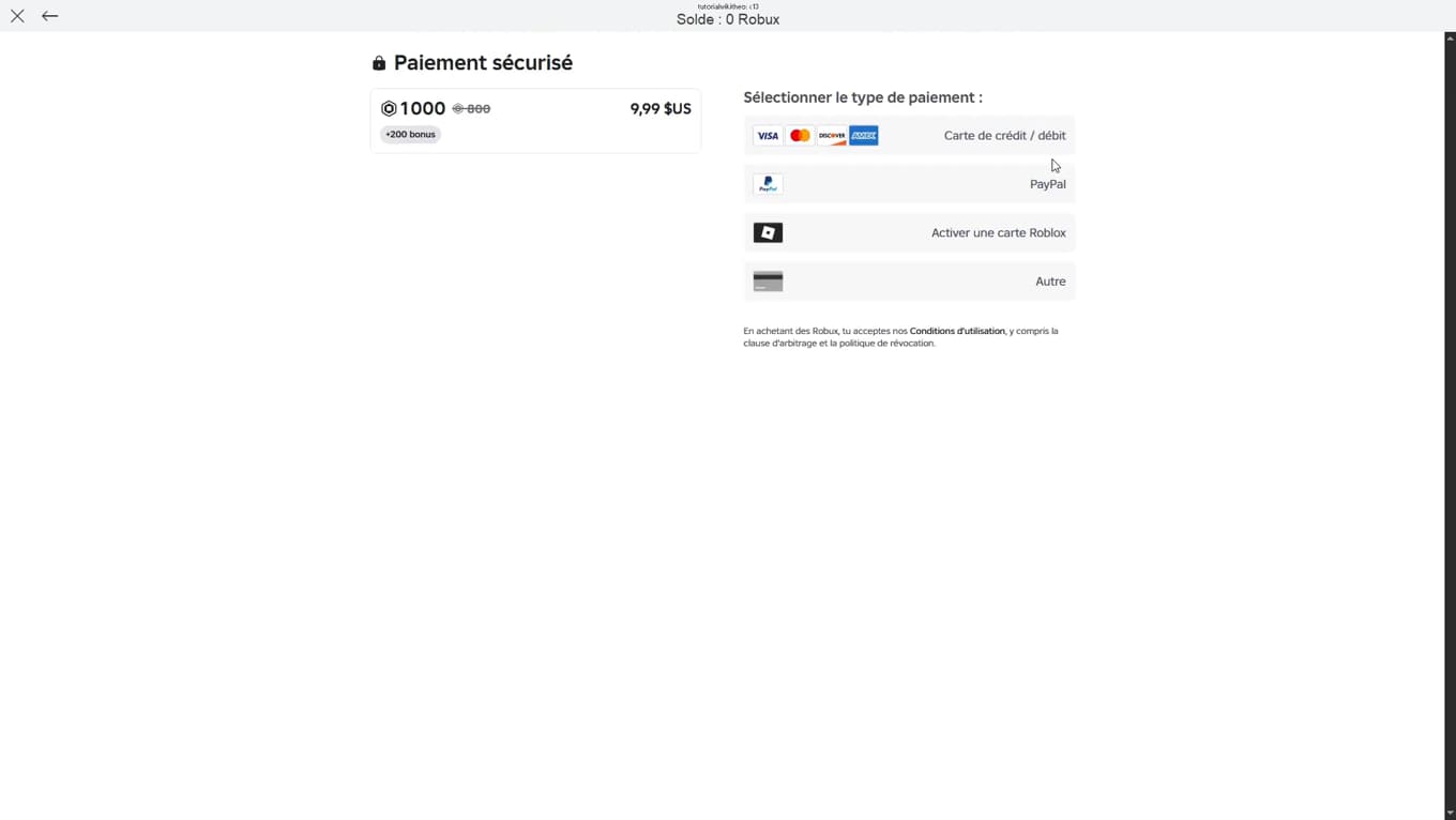 Roblox secure payment page with the payment method selection