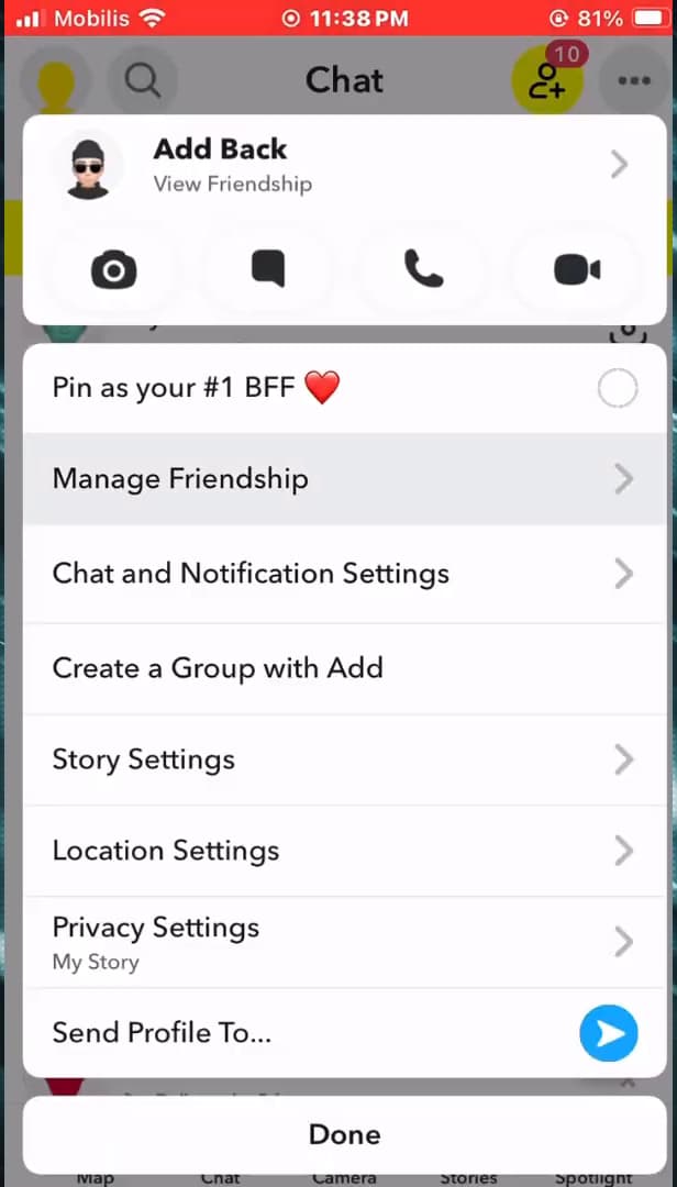 Snapchat conversation list for selecting a contact